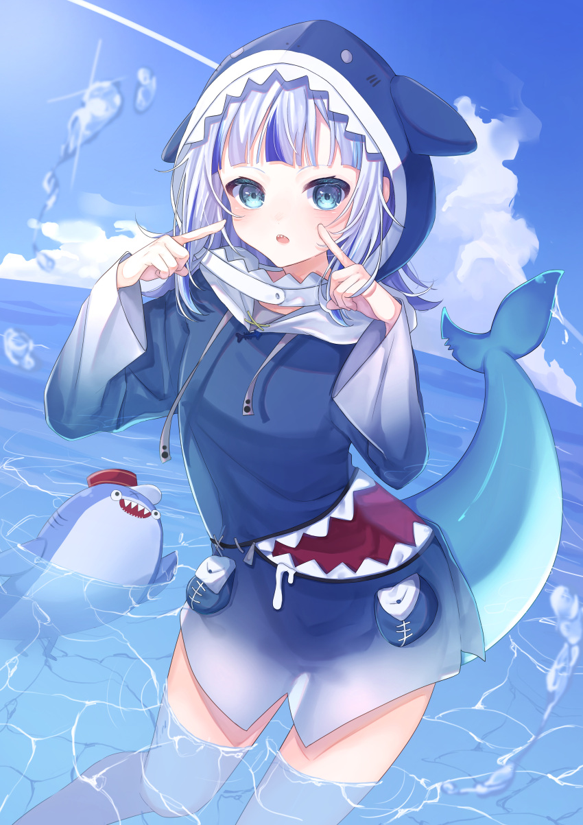 1girl absurdres animal_hood bloop_(gawr_gura) blue_eyes blue_hair blue_hood blue_sky blush breasts clouds commentary english_commentary fish_tail gawr_gura highres hololive hololive_english hood hood_up looking_at_viewer medium_hair miteinano_(mitei_nano28) multicolored_hair open_mouth shark_girl shark_hood shark_tail sharp_teeth sky small_breasts streaked_hair tail teeth virtual_youtuber wading water white_hair