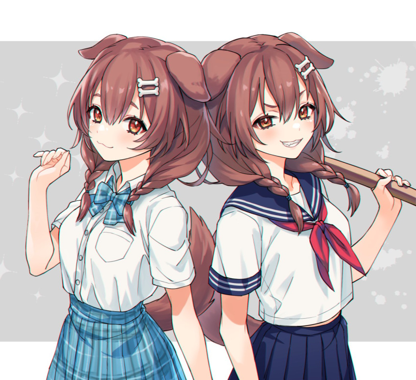 2girls :3 animal_ears bangs blue_sailor_collar blue_skirt bone_hair_ornament bow bowtie braid breast_pocket brown_eyes brown_hair closed_mouth commentary_request dog_ears dog_girl dog_tail dual_persona grin hair_ornament highres holding hololive inugami_korone looking_at_viewer multiple_girls neckerchief pleated_skirt pocket red_neckerchief ria_(lya_s2) sailor_collar school_uniform serafuku shirt short_sleeves simple_background skirt smile sparkle tail twin_braids virtual_youtuber white_shirt