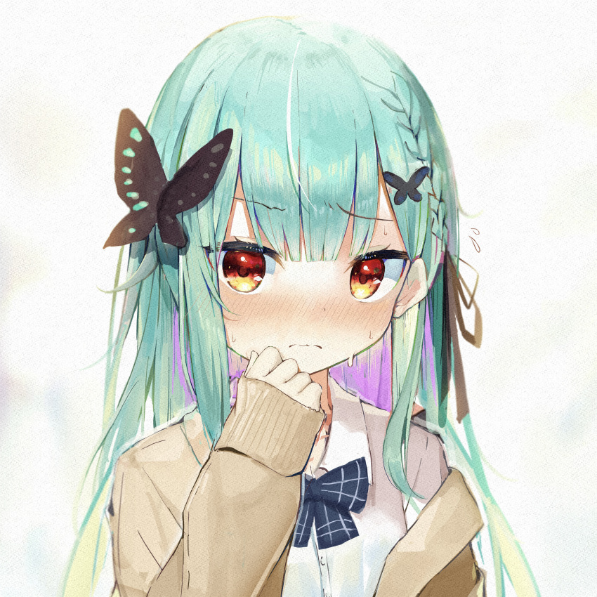 1girl absurdres bangs black_ribbon blue_bow blunt_bangs blush bow bowtie braid butterfly_hair_ornament cardigan closed_mouth collared_shirt cropped_torso flying_sweatdrops green_hair hair_ornament hair_ribbon hand_up highres hololive long_hair looking_at_viewer multicolored_hair open_cardigan open_clothes painting_(medium) purple_hair red_eyes ribbon rinki_oohen school_uniform shirt sleeves_past_wrists solo streaked_hair sweat traditional_media upper_body uruha_rushia virtual_youtuber watercolor_(medium) wavy_mouth white_shirt