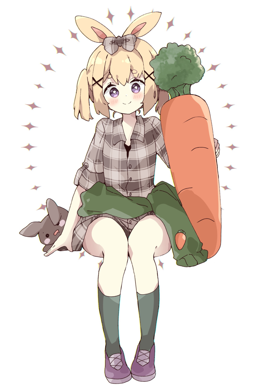 1girl absurdres animal_ears bangs blonde_hair blush bow carrot closed_mouth clothes_around_waist collared_shirt commentary dress_shirt full_body green_socks grey_bow grey_shirt hair_bow hair_ornament highres looking_at_viewer original plaid plaid_bow plaid_shirt purple_footwear rabbit_ears shirt shoes short_eyebrows simple_background sitting smile socks solo stuffed_animal stuffed_bunny stuffed_toy symbol-only_commentary thick_eyebrows tsukiyo_(skymint) twintails white_background x_hair_ornament