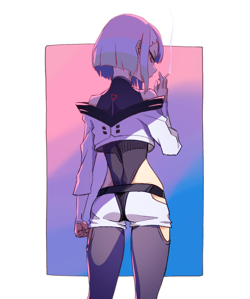 1girl ass bangs bare_shoulders bodysuit coat cyberpunk cyberpunk_(series) cyberpunk_2077 cyberpunk_edgerunners highres jacket leotard lucy_(cyberpunk_edgerunners) multicolored_eyes multicolored_hair open_clothes open_jacket pale_skin parted_bangs poliwiloq short_hair short_shorts shorts smoking solo