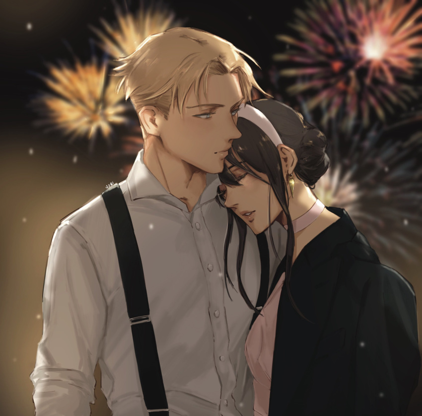 1boy 1girl aerial_fireworks black_hair blonde_hair blue_eyes blurry blurry_background buttons closed_eyes collared_shirt dress earrings english_commentary fireworks hair_bun head_on_another's_shoulder highres husband_and_wife jewelry nori_(noriarchives) pink_dress shirt short_hair_with_long_locks sidelocks single_hair_bun spy_x_family suspenders twilight_(spy_x_family) white_shirt wing_collar yor_briar