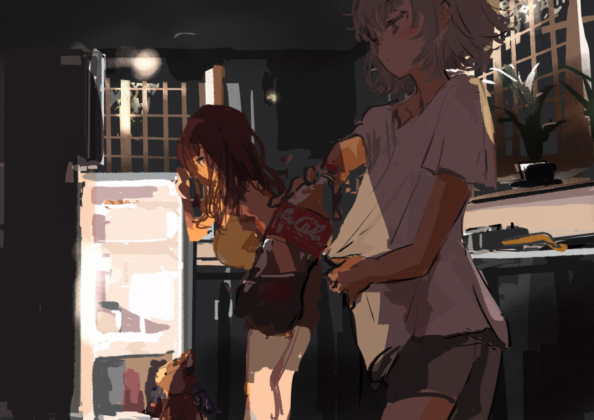 2girls bottle cevio commentary faucet grey_hair half-closed_eyes highres holding holding_bottle indoors kabuyama_kaigi kitchen koharu_rikka long_hair messy_hair multiple_girls natsuki_karin night no_lineart plant potted_plant redhead refrigerator shirt short_sleeves soda_bottle standing synthesizer_v white_shirt