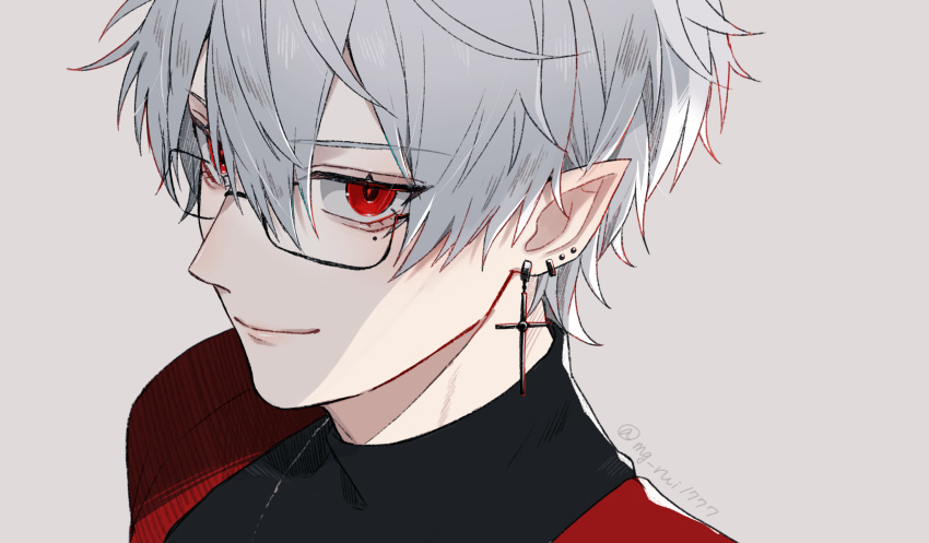 1boy artist_name bangs black-framed_eyewear black_shirt closed_mouth cross cross_earrings ear_piercing earrings eyelashes glasses grey_background grey_hair hair_between_eyes hana_arare highres jacket jewelry kuzuha_(nijisanji) looking_at_viewer male_focus mole mole_under_eye necklace nijisanji open_clothes open_jacket piercing pointy_ears red_eyes red_jacket shirt short_hair smile solo turtleneck twitter_username upper_body virtual_youtuber