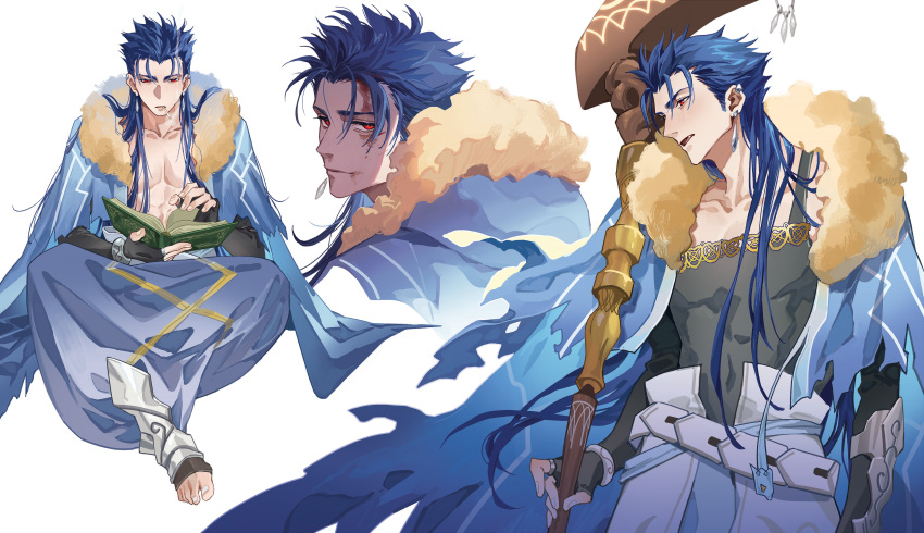 1boy abs absurdres armor belt black_gloves blood blood_on_face blue_capelet blue_hair blue_hood blush book bracelet capelet closed_mouth commentary_request cu_chulainn_(caster)_(fate) cu_chulainn_(fate) earrings fate/grand_order fate_(series) fingerless_gloves fur-trimmed_hood fur_trim gloves gold_trim greaves harem_pants highres holding holding_book hood hood_down hooded_capelet jewelry kuzen long_hair looking_at_viewer looking_away looking_back male_focus multiple_earrings multiple_piercings multiple_views no_shirt open_mouth pants reading red_eyes simple_background smile smoke smoking spiky_hair staff toeless_footwear toned toned_male vambraces weapon white_background white_belt wooden_staff