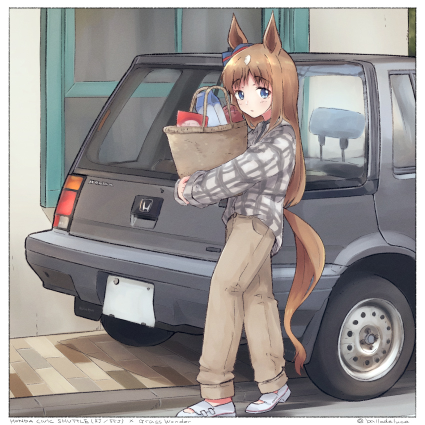 1girl animal_ears apple bag balladeluce bangs blue_eyes brown_hair brown_pants commentary_request food fruit grass_wonder_(umamusume) highres holding holding_bag honda honda_civic horse_ears horse_girl horse_tail license_plate long_hair long_sleeves looking_at_viewer milk_carton outdoors pants plaid plaid_shirt shirt shoes solo tail umamusume walking white_footwear