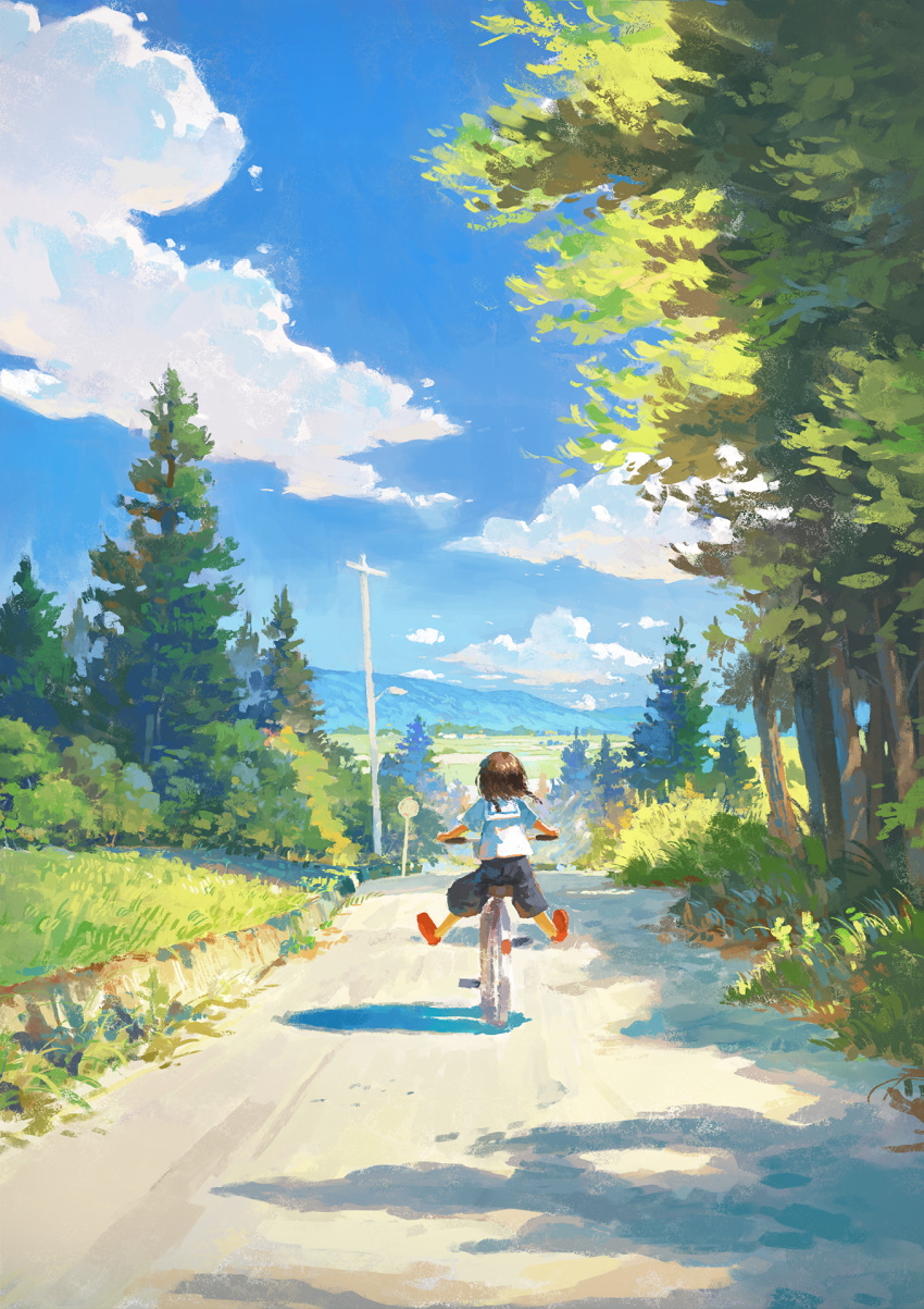 1girl bicycle blue_sky brown_hair clouds cloudy_sky day dirt_road fjsmu from_behind grass ground_vehicle highres mountain mountainous_horizon original outdoors outstretched_legs road road_sign sailor_collar scenery school_uniform serafuku shirt short_hair sign sky solo tree white_shirt