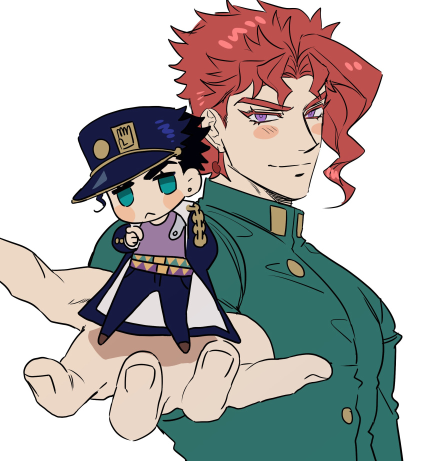 2boys :&lt; absurdres belt black_hair blush_stickers chain cherry_earrings chibi colored_eyelashes dol_ishi earrings food-themed_earrings full_body gakuran green_eyes green_jacket hat highres jacket jewelry jojo_no_kimyou_na_bouken kakyoin_noriaki kujo_jotaro long_coat male_focus multiple_belts multiple_boys outstretched_hand pointing pointing_at_viewer redhead school_uniform short_hair smile stardust_crusaders triangle_print upper_body violet_eyes white_background