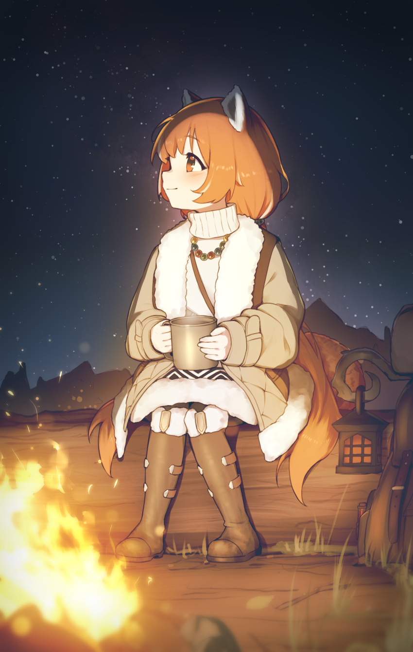 1girl absurdres animal_ears bead_necklace beads blush boots brown_footwear campfire closed_mouth coat commission cup english_commentary fire highres holding holding_cup hoplitx jewelry knee_boots lantern log long_sleeves mug multicolored_hair necklace night night_sky open_clothes open_coat orange_eyes orange_hair original outdoors pixiv_request red_panda_ears red_panda_girl red_panda_tail short_hair sitting sky solo star_(sky) steam tail turtleneck white_hair