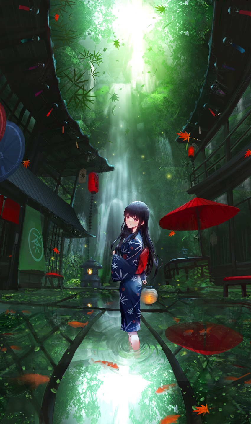 1girl absurdres architecture bamboo bamboo_forest bangs black_hair blue_kimono building commentary_request east_asian_architecture forest highres holding holding_lantern japanese_clothes kenzo_093 kimono lantern leaf long_hair maple_leaf nature original outdoors reflection scenery solo wading water waterfall