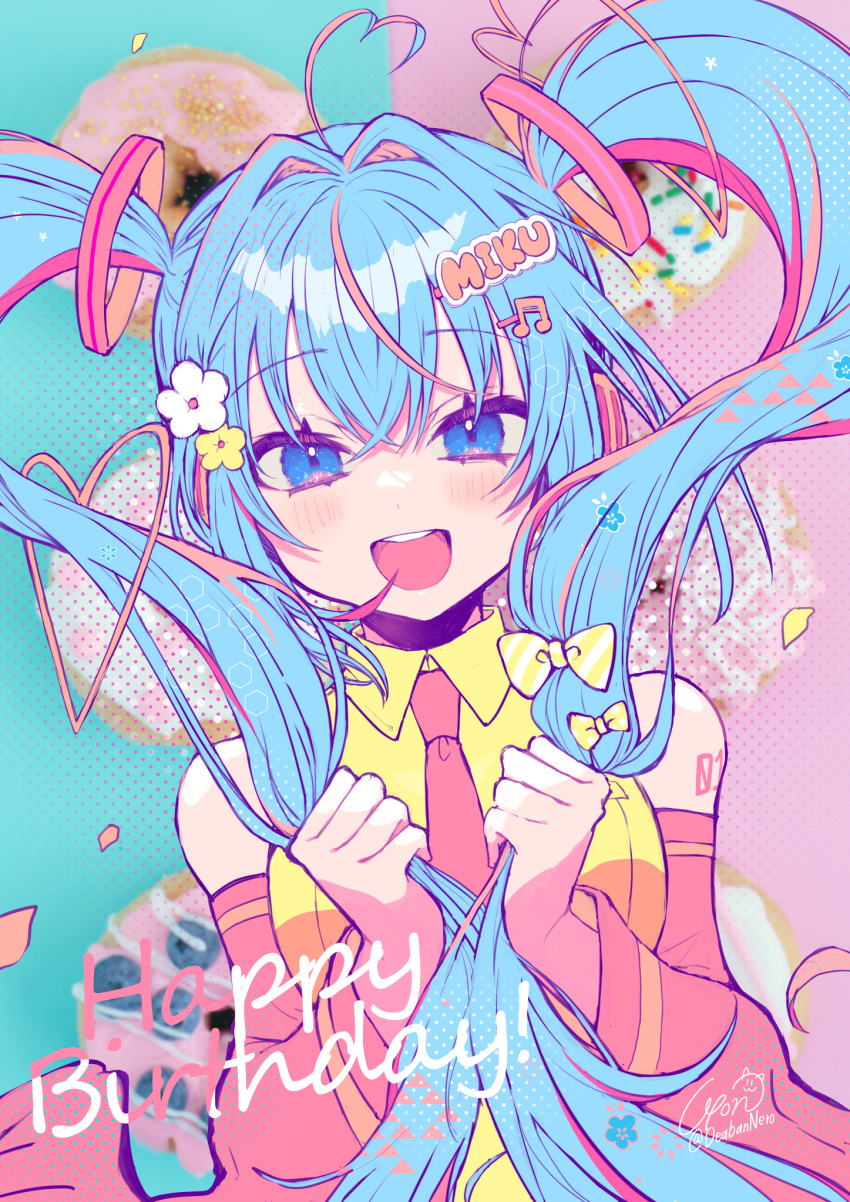 1girl :d ahoge bangs blue_eyes blue_hair bow character_name collared_shirt detached_sleeves floating_hair flower hair_between_eyes hair_bow hair_flower hair_ornament happy_birthday hatsune_miku heart heart_ahoge highres holding holding_hair long_hair long_sleeves looking_at_viewer necktie open_mouth pink_necktie pink_sleeves shiny shiny_hair shirt sleeveless sleeveless_shirt smile solo twintails twitter_username upper_body very_long_hair vocaloid white_flower wing_collar yamigirikuroko yellow_bow yellow_flower yellow_shirt