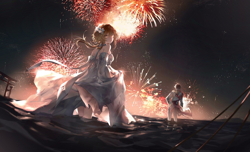 1boy 1girl absurdres bangs brown_eyes brown_hair detached_sleeves dress fireworks flower from_behind genshin_impact hair_flower hair_ornament highres jacket looking_at_viewer looking_back lumine_(genshin_impact) night night_sky ocean open_mouth pants partially_submerged red_scarf revision scarf short_hair short_hair_with_long_locks silver_dress skirt_hold sky tartaglia_(genshin_impact) torii white_jacket white_pants white_scarf zeklewa