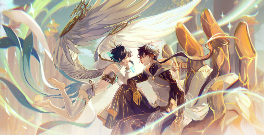 2boys ahoge angel_wings antenna_hair aqua_hair bangs barefoot blush braid brown_hair chest_tattoo closed_eyes closed_mouth colored_skin elbow_gloves english_commentary feathered_wings genshin_impact gloves gradient_hair grin highres hood hood_down hooded_robe looking_at_viewer low_ponytail multicolored_hair multiple_boys oyakorodesu red_eyeliner rex_lapis_(genshin_impact) robe single_thighhigh sitting smile tattoo thigh-highs twin_braids venti_(genshin_impact) white_gloves white_thighhighs white_wings wings zhongli_(genshin_impact)