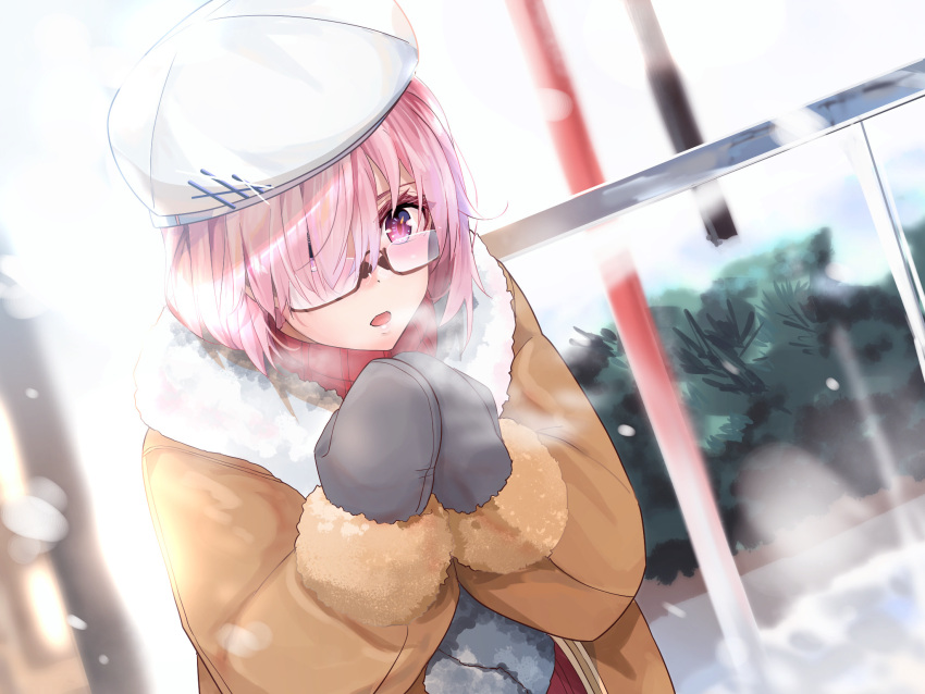 1girl coat eyebrows_hidden_by_hair fate/grand_order fate_(series) funi_mu9 glasses hair_over_one_eye hat highres mash_kyrielight medium_hair mittens pink_eyes pink_hair red_scarf scarf semi-rimless_eyewear snow snowing solo under-rim_eyewear upper_body white_headwear winter_clothes winter_coat