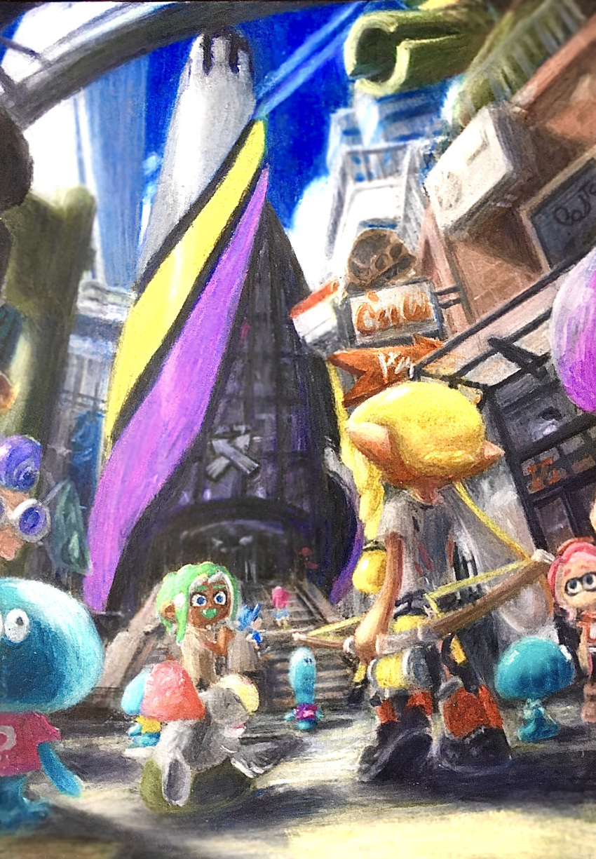 1boy 2girls :d absurdres asymmetrical_hair blonde_hair blue_eyes blue_sky bobthecolored bow_(weapon) braid building clouds colored_pencil_(medium) contrail dark-skinned_male dark_skin day fangs highres holding holding_bow_(weapon) holding_weapon inkling inkling_girl jellyfish_(splatoon) light_green_hair little_buddy_(splatoon) long_hair multiple_girls octoling octoling_boy octoling_girl outdoors pointy_ears redhead salmonid shadow shirt short_sleeves sky skyscraper smallfry_(splatoon) smile splatoon_(series) splatoon_3 stairs standing tentacle_hair torn_clothes torn_shirt traditional_media weapon white_shirt