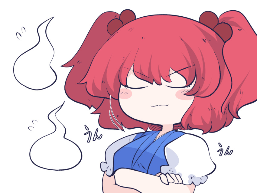 1girl blue_dress blush_stickers closed_eyes closed_mouth crossed_arms dress fried_rice0614 hair_bobbles hair_ornament one-hour_drawing_challenge onozuka_komachi redhead short_hair short_sleeves simple_background smile solo touhou two_side_up upper_body white_background
