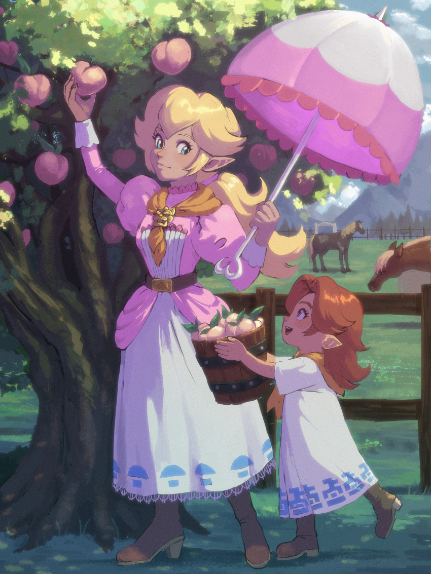 2girls absurdres arm_up blonde_hair blue_eyes brown_hair bucket crossover dress farm fence food fruit highres horse image_sample looking_at_another low_ponytail malon multiple_girls papabay parasol peach pointy_ears ponytail princess_peach smile standing super_mario_bros. the_legend_of_zelda the_legend_of_zelda:_ocarina_of_time tumblr_sample umbrella wooden_fence