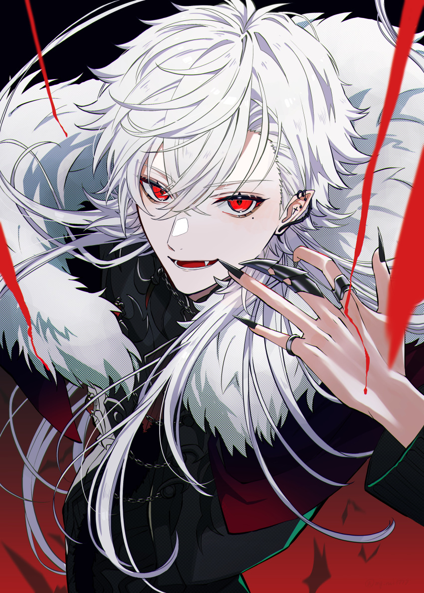 1boy absurdres bangs black_background black_jacket black_nails blood cape chain claw_ring commentary_request cross crossed_bangs dripping ear_piercing earrings eyelashes fang fingernails floating_hair fur-trimmed_cape fur_trim hair_between_eyes hana_arare hand_up highres jacket jewelry kuzuha_(nijisanji) long_fingernails long_hair looking_at_viewer male_focus mole mole_under_eye nail_polish nijisanji open_mouth parted_bangs piercing pointy_ears red_cape red_eyes ring round_teeth sharp_fingernails sidelocks smile solo teeth tongue upper_body virtual_youtuber white_hair
