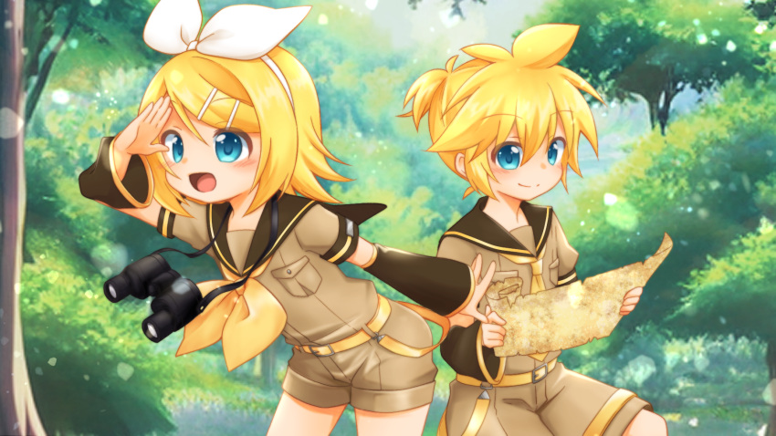 1boy 1girl binoculars blonde_hair blue_eyes blue_sky bow branch brother_and_sister bush child clouds cloudy_sky commentary_request cowboy_shot day detached_sleeves female_child hair_bow highres holding holding_map kagamine_len kagamine_rin looking_at_map male_child map open_mouth outdoors shorts siblings sitting sky tree vocaloid yakumohikari yellow_belt