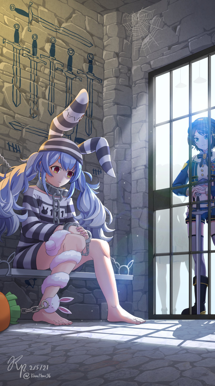 3girls absurdres animal_ears barefoot black_hair blue_eyes blue_hair chain collar commentary commentary_typo cuffs dated don-chan_(usada_pekora) empty_eyes english_commentary eyebrows_hidden_by_hair feet frown handcuffs highres hololive khoaphan96 multicolored_hair multiple_girls oozora_subaru orange_eyes prison prison_clothes rabbit_ears rabbit_girl shackles shadow shirt short_shorts shorts signature silk sitting spider_web striped striped_headwear striped_shirt sunlight suspenders sword tally thigh-highs toes twitter_username two-tone_hair uruha_rushia usada_pekora virtual_youtuber weapon white_hair