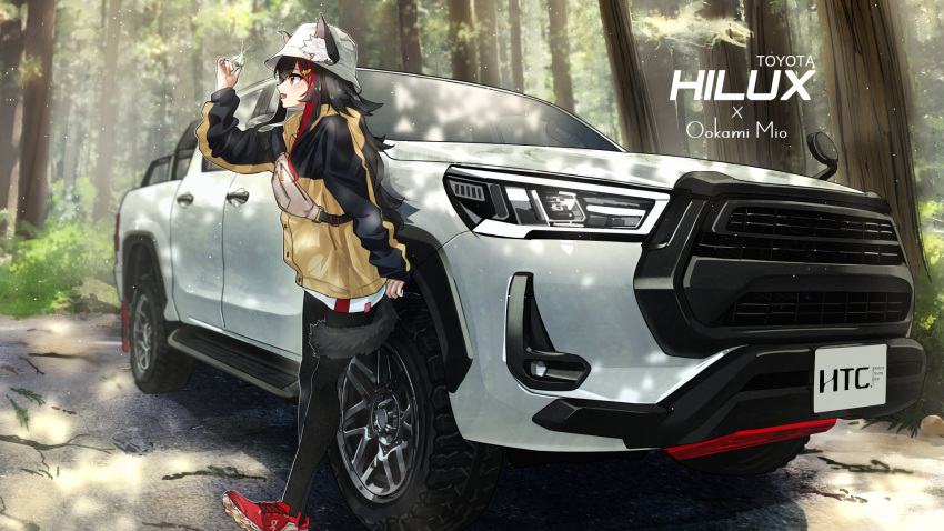 1girl animal_ear_fluff animal_ears black_hair black_jacket character_name commentary_request flipped_hair forest ground_vehicle hat highres hololive jacket license_plate long_hair long_sleeves motor_vehicle multicolored_clothes multicolored_hair multicolored_jacket nature ookami_mio open_mouth outdoors pickup_truck red_footwear redhead shoes smile sneakers solo spiky_hair streaked_hair tail tail_around_leg tail_wrap toyota toyota_hilux tree truck two-tone_jacket vehicle_focus vehicle_name very_long_hair virtual_youtuber white_headwear wolf_ears wolf_girl wolf_tail yellow_eyes yellow_jacket you'a