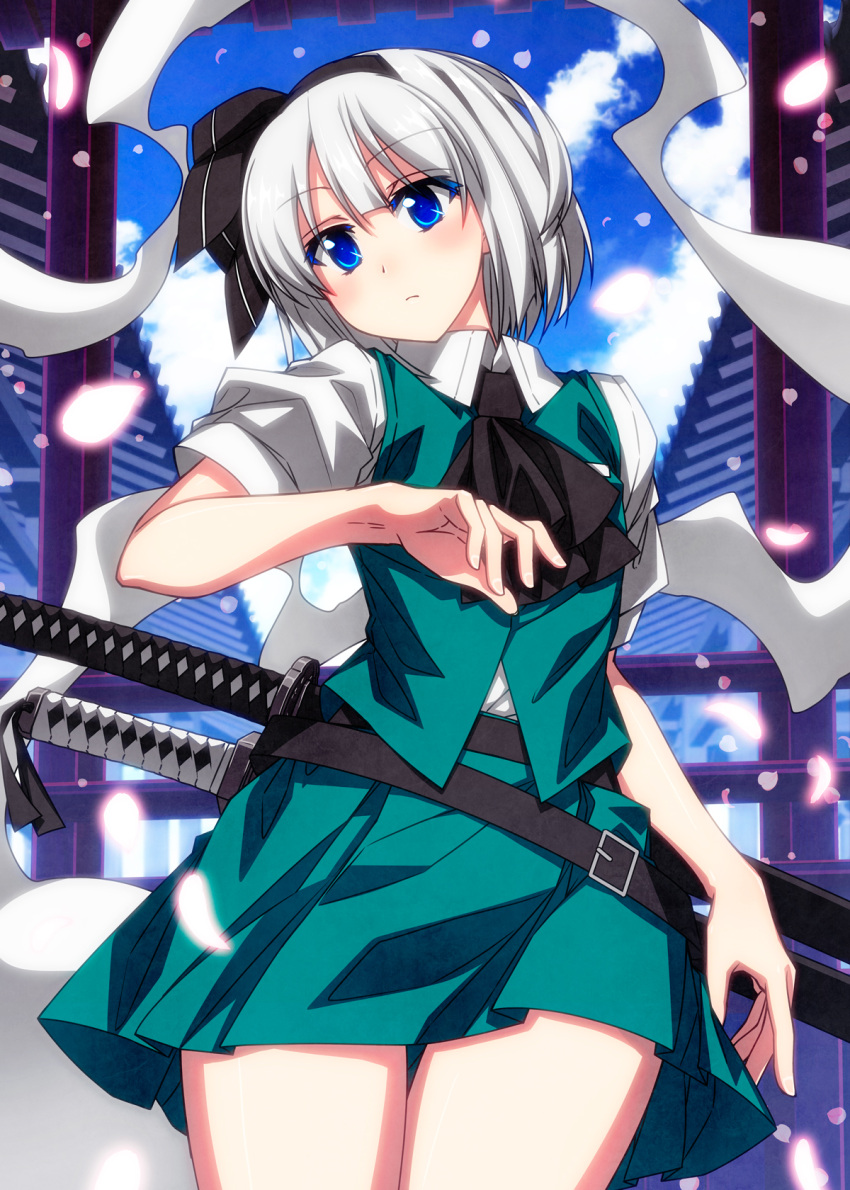 1girl ascot belt black_ascot black_belt black_hairband blue_eyes blush commentary cowboy_shot glowing glowing_petals green_skirt green_vest hair_ribbon hairband hand_up highres katana konpaku_youmu konpaku_youmu_(ghost) miniskirt petals puffy_short_sleeves puffy_sleeves ribbon sazanami_mio scabbard sheath sheathed shirt short_hair short_sleeves skirt skirt_set solo sword touhou vest wakizashi weapon white_hair white_shirt wing_collar