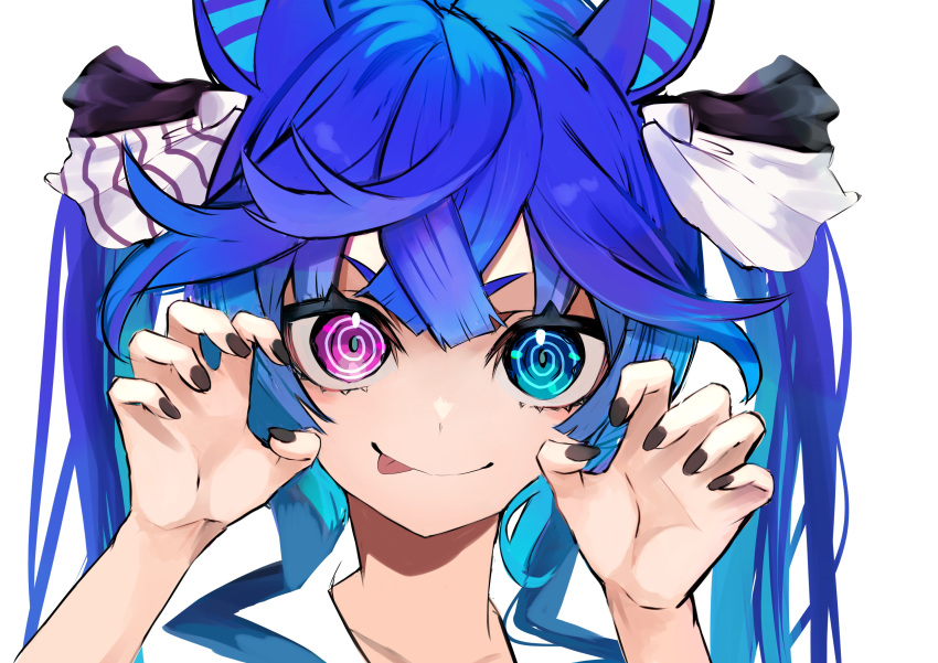 1girl absurdres animal_ears black_nails blue_eyes blue_hair bow claw_pose closed_mouth hair_between_eyes hair_bow heterochromia highres horse_ears horse_girl long_hair looking_at_viewer nail_polish simple_background smile solo toa510 tongue tongue_out twin_turbo_(umamusume) twintails umamusume upper_body violet_eyes white_background