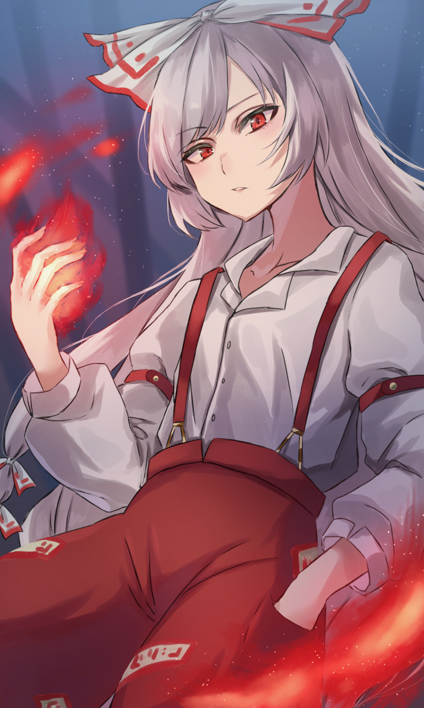 1girl arm_garter baggy_pants bow buttons collared_shirt commentary_request fire fujiwara_no_mokou grey_hair hair_bow hand_in_pocket highres katsukare long_hair long_sleeves looking_at_viewer low-tied_long_hair ofuda ofuda_on_clothes pants puffy_long_sleeves puffy_sleeves pyrokinesis red_eyes red_pants shirt solo suspenders touhou two-tone_bow white_shirt wing_collar
