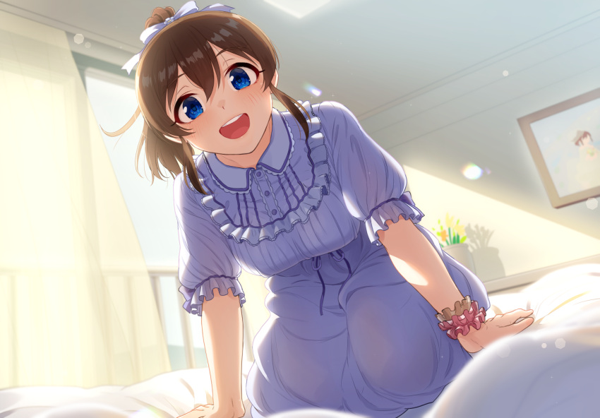 1girl arm_support bangs bed blue_dress blue_eyes blurry blurry_foreground brown_hair collared_dress commentary curtains day depth_of_field dress hair_ribbon idolmaster idolmaster_million_live! indoors kamille_(vcx68) kneeling leaning_forward looking_at_viewer medium_dress medium_hair on_bed open_mouth ponytail pov ribbon satake_minako scrunchie short_dress smile white_ribbon window wrist_scrunchie