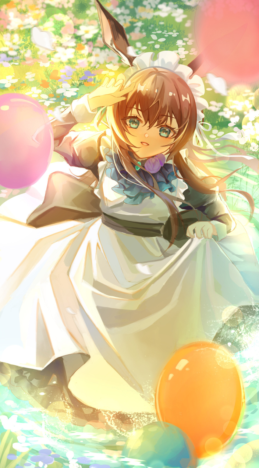 1girl absurdres alternate_costume amiya_(arknights) animal_ears apron arknights ascot back_bow balloon black_bow black_dress blue_ascot blue_eyes blush bow brooch brown_hair chinese_commentary commentary cowboy_shot dress enmaided field floating_hair flower flower_field hair_between_eyes hand_up highres jewelry long_hair long_sleeves looking_at_viewer maid maid_apron maid_headdress orange_flower parted_lips purple_flower qimuqimu rabbit_ears sidelocks skirt_hold sleeve_cuffs smile solo white_flower