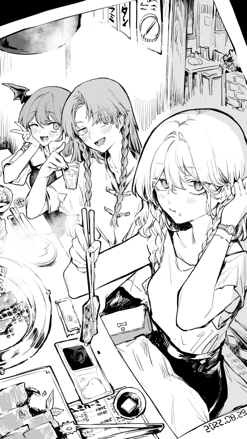 3girls :t ;d absurdres alcohol bag barbecue bat_wings black_skirt blush bowl braid chinese_clothes chopsticks cup dated demon_wings eating food food_on_face glass grey_hair greyscale hair_behind_ear handbag head_wings highres holding holding_chopsticks holding_cup holding_food hong_meiling izayoi_sakuya koakuma looking_at_viewer meat monochrome multiple_girls one_eye_closed photo_(object) picture_frame redhead restaurant risui_(suzu_rks) shirt short_hair sitting skirt smile soy_sauce touhou twin_braids v watch white_shirt wings