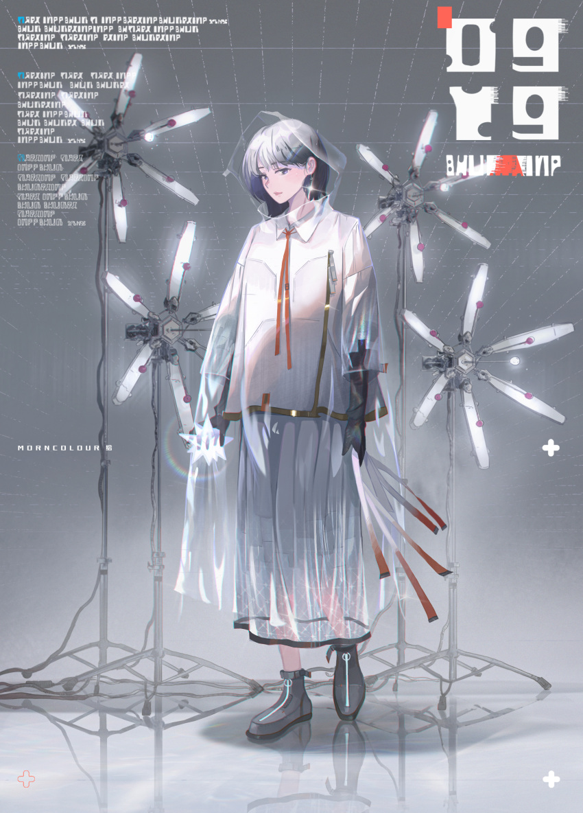 1girl absurdres boots closed_mouth collared_shirt earrings expressionless full_body grey_hair highres holding jewelry light long_skirt long_sleeves morncolour original reflection reflective_floor science_fiction see-through shirt short_hair skirt solo standing violet_eyes white_shirt