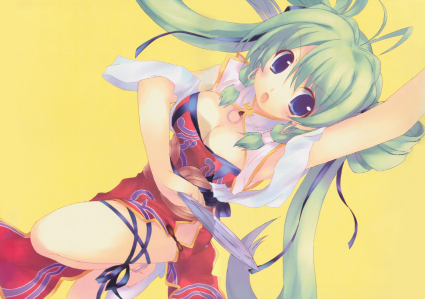 antenna_hair arm_up armpits blue_eyes breasts china_dress chinadress chinese_clothes cleavage cleavage_cutout dutch_angle earrings fan fighting_stance green_hair hair_ribbon high_heels hoop_earrings jewelry kiba_satoshi liu_meifeng long_hair no_panties open_mouth ribbon scan shoes shuraki solo standing_on_one_leg twintails very_long_hair