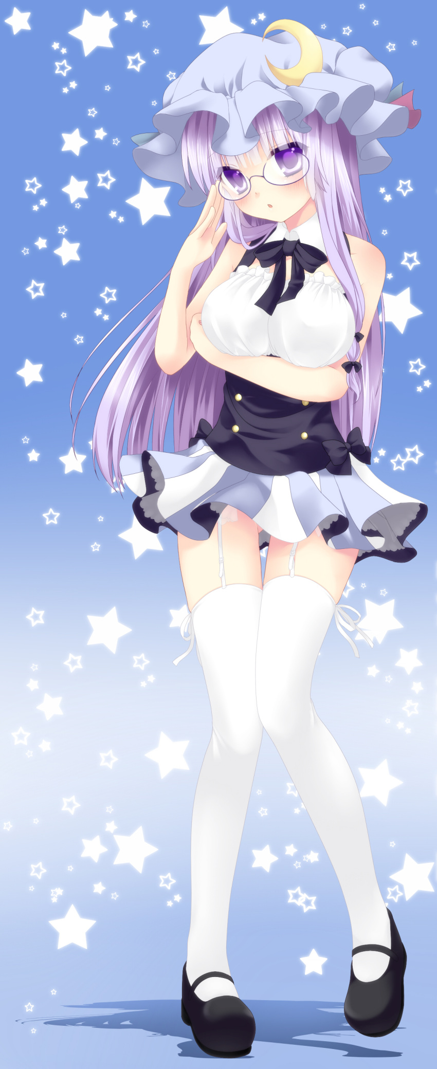 bare_shoulders bespectacled breasts etou_(cherry7) garter_straps glasses hat highres long_hair mary_janes patchouli_knowledge purple_eyes purple_hair shoes solo thighhighs touhou violet_eyes white_legwear zettai_ryouiki