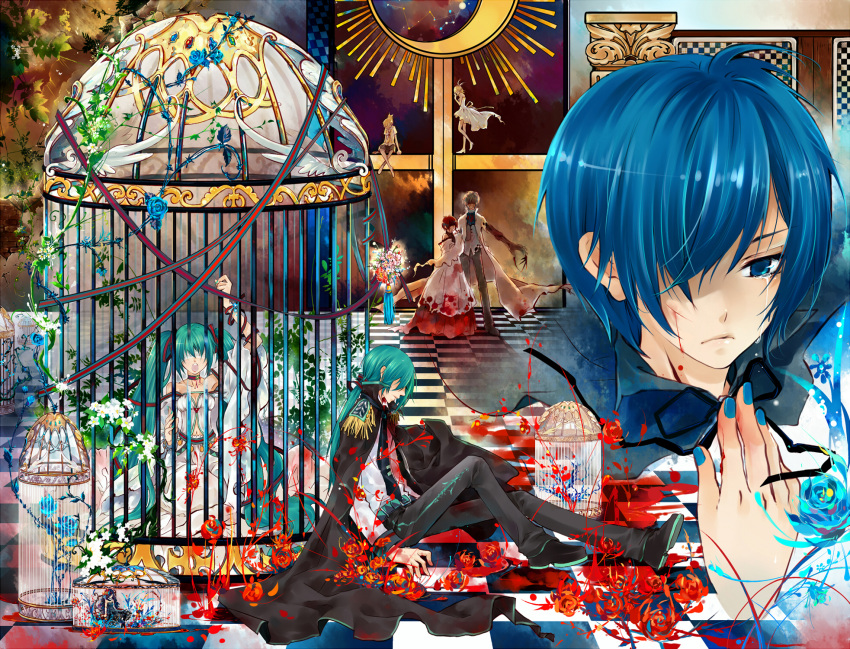 aqua_hair bare_shoulders belt bird_cage blindfold blonde_hair blood blue_eyes blue_hair cage cape checkered checkered_floor choker claws cravat dress flower formal genderswap green_hair hair_bow hair_over_one_eye hair_ribbons hatsune_miku hatsune_mikuo highres injury kagamine_len kagamine_rin kaiko kaito meiko nail_polish navel necktie open_mouth ponytail redhead saiyki short_hair shorts sitting suit tears twintails very_long_hair vocaloid white_dress