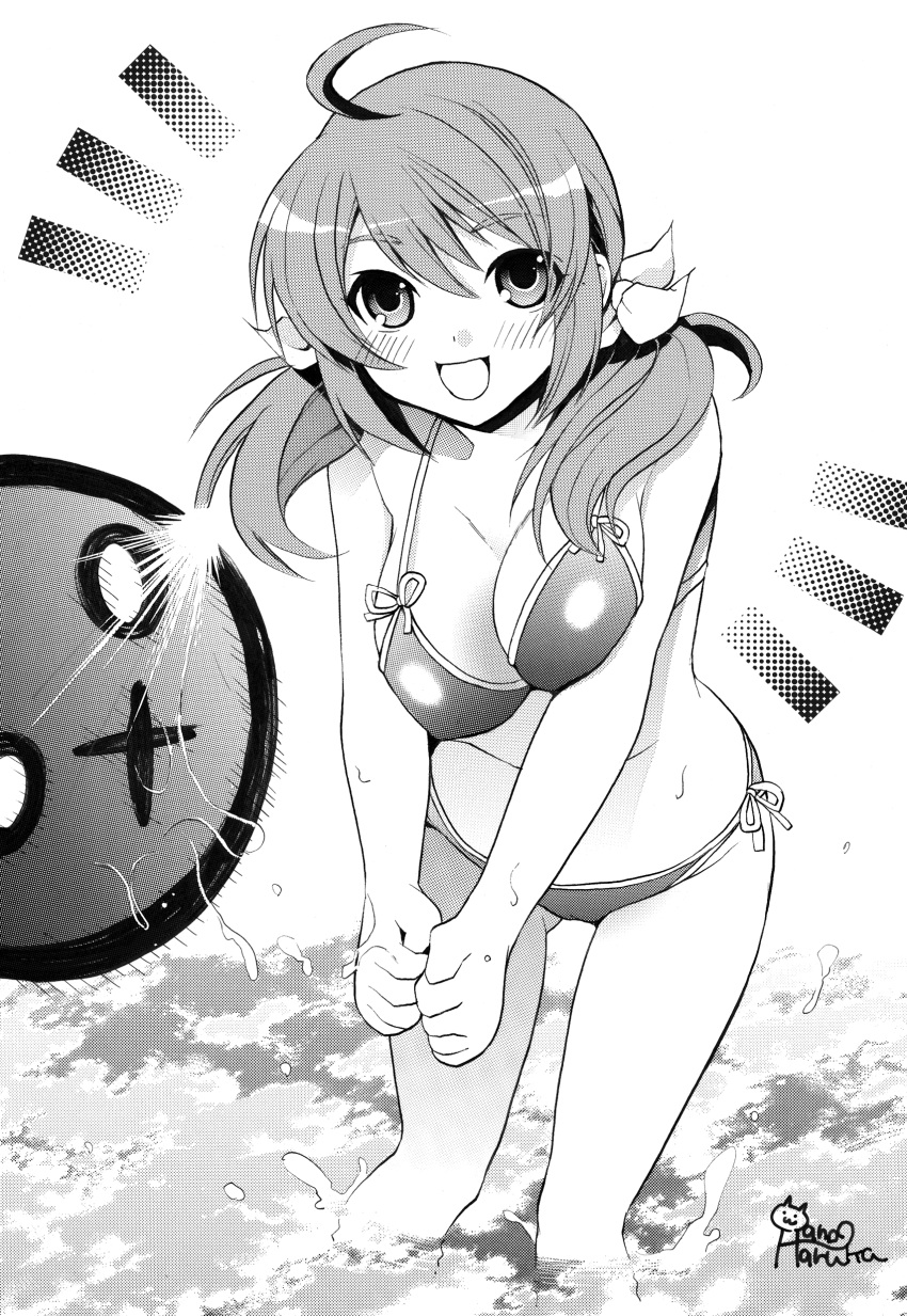 ball beachball bikini breasts hano_(artist) hano_(keepon_haruka) highres long_hair monochrome original solo splash submerged swimsuit twintails volleyball