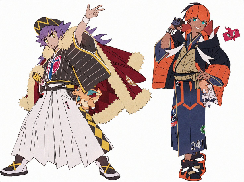 2boys adapted_costume arm_up baseball_cap black_hair bright_pupils cape charizard charizard_pose clenched_hand closed_mouth commentary_request dark-skinned_male dark_skin duraludon earrings facial_hair fur-trimmed_cape fur_trim hakama hakama_skirt hakusai_(tiahszld) hand_up hat headband japanese_clothes jewelry legs_apart leon_(pokemon) long_hair male_focus multiple_boys orange_headband pokemon pokemon_(game) pokemon_swsh purple_hair raihan_(pokemon) red_cape rotom rotom_phone short_hair skirt smile standing trapinch w white_background white_pupils yellow_eyes