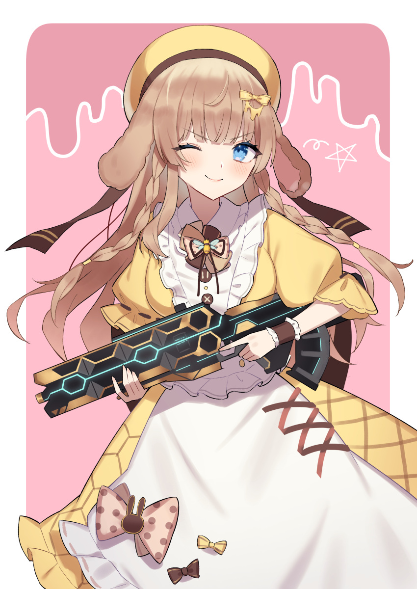 1girl ;) absurdres animal_ears apron beret blue_eyes blush braid brown_hair closed_mouth commentary_request copyright_request dress frilled_apron frilled_dress frills gukurosawa01 gun hat highres holding holding_gun holding_weapon long_hair looking_at_viewer one_eye_closed pink_background puffy_short_sleeves puffy_sleeves ribbon-trimmed_sleeves ribbon_trim short_sleeves smile solo star_(symbol) twin_braids very_long_hair virtual_youtuber weapon weapon_request white_apron yellow_dress yellow_headwear