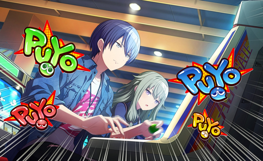 1boy 1girl aoyagi_touya arcade bangs blue_hair closed_mouth colorful_palette dark_blue_hair denim denim_jacket green_hair grey_eyes highres indoors jacket jewelry kusanagi_nene long_hair looking_at_another looking_away motion_blur multicolored_hair official_art parted_lips pendant playing_games project_sekai puyo_(puyopuyo) puyopuyo shirt short_hair split-color_hair sweatdrop third-party_source violet_eyes white_shirt