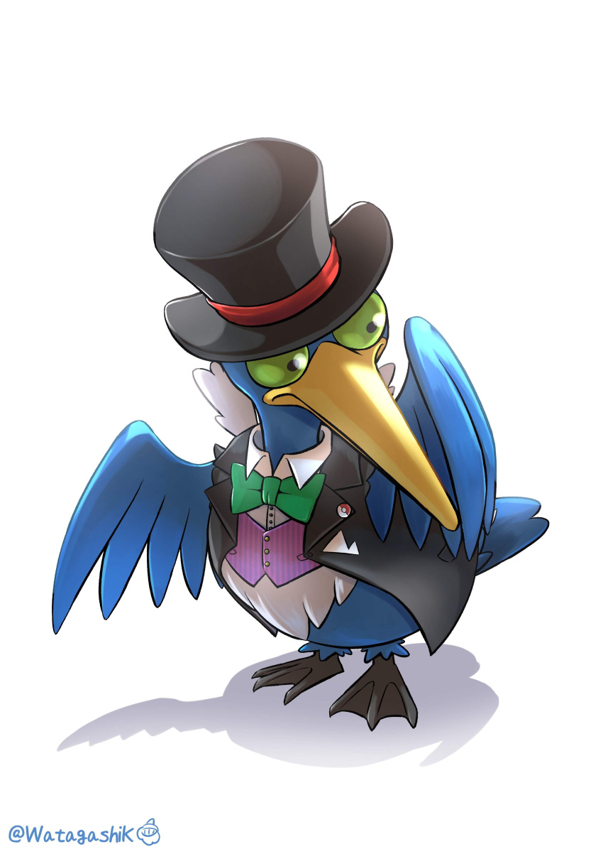 absurdres animal_focus bird black_headwear black_jacket bow bowtie buttons closed_mouth clothed_pokemon collared_shirt commentary_request cramorant dress_shirt formal full_body green_bow green_bowtie green_eyes hat hatted_pokemon highres jacket looking_down looking_to_the_side no_humans open_clothes open_jacket poke_ball_symbol pokemon pokemon_(creature) pokemon_(game) pokemon_unite purple_vest shadow shirt signature simple_background solo standing striped striped_vest top_hat twitter_username vertical-striped_vest vertical_stripes vest watagashikn white_background white_shirt