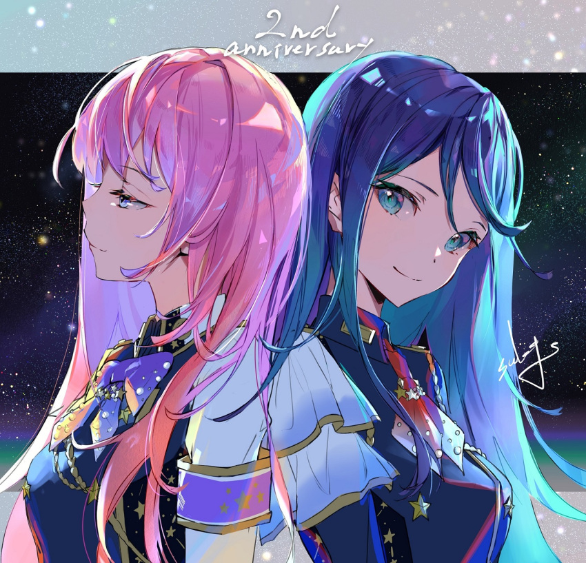 2girls aiguillette back-to-back blue_bow blue_bowtie blue_eyes blue_hair blue_jacket blue_vest bow bowtie buttons closed_mouth collared_jacket constellation_print double-breasted epaulettes gold_trim highres hoshino_ichika_(project_sekai) jacket leo/need_(project_sekai) long_hair looking_at_another looking_to_the_side megurine_luka multiple_girls neckerchief night night_sky pink_hair project_sekai red_neckerchief sakinoji shirt sky smile star_button upper_body very_long_hair vest vocaloid white_shirt