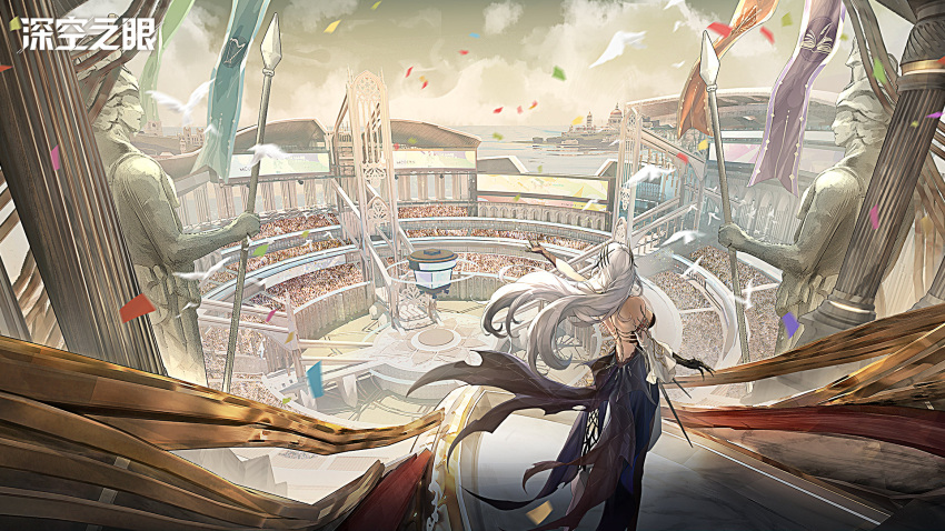 aether_gazer arena artist_request bare_shoulders black_dress black_gloves breasts dress gloves hades_(aether_gazer) highres jewelry long_hair multicolored_clothes official_art skirt very_long_hair white_hair