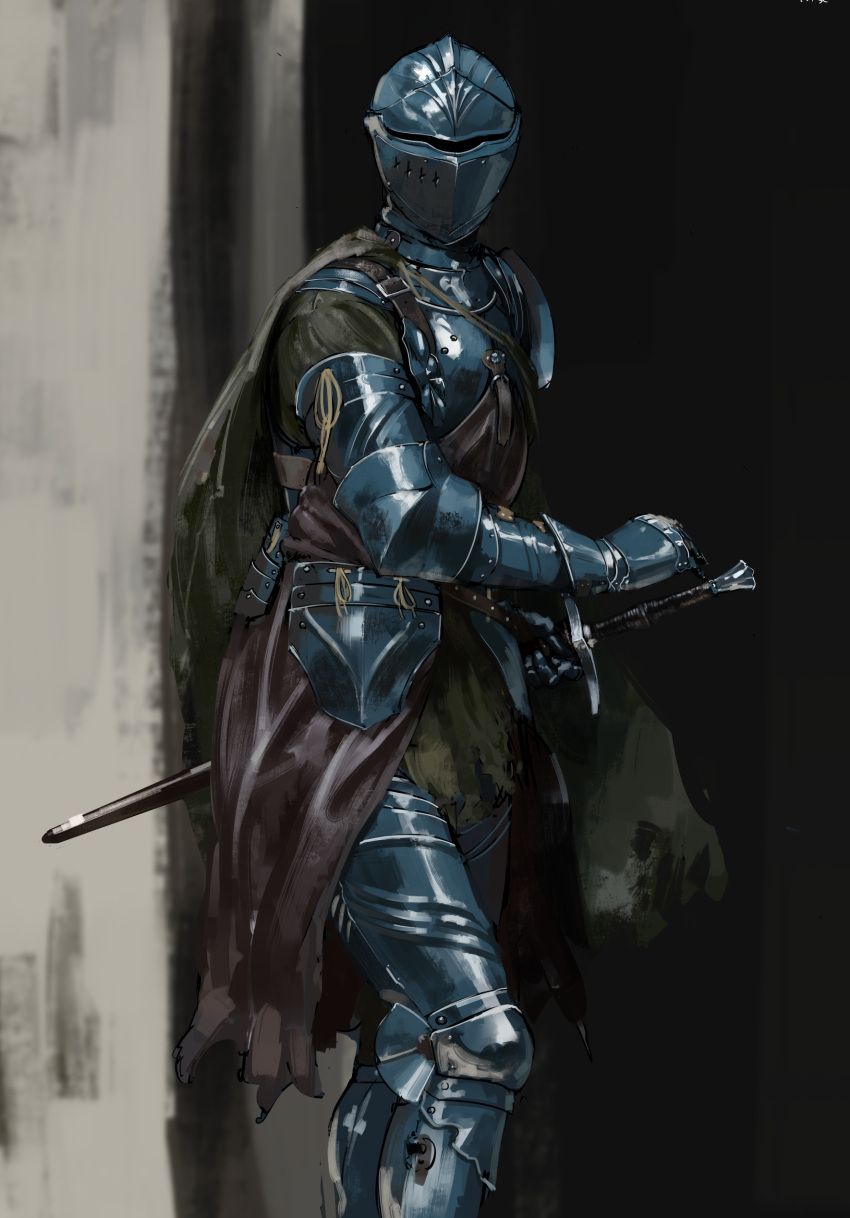 1other absurdres ambiguous_gender armor blue_armor blue_gloves blue_headwear blurry blurry_background breastplate brown_cape cape commentary_request covered_face facing_viewer faulds fighting_stance full_armor gauntlets gloves helm helmet highres holding holding_sword holding_weapon knee_pads leg_armor nisetanaka original other_focus ready_to_draw sheath sheathed shiny shiny_clothes solo standing sword torn_cape torn_clothes weapon