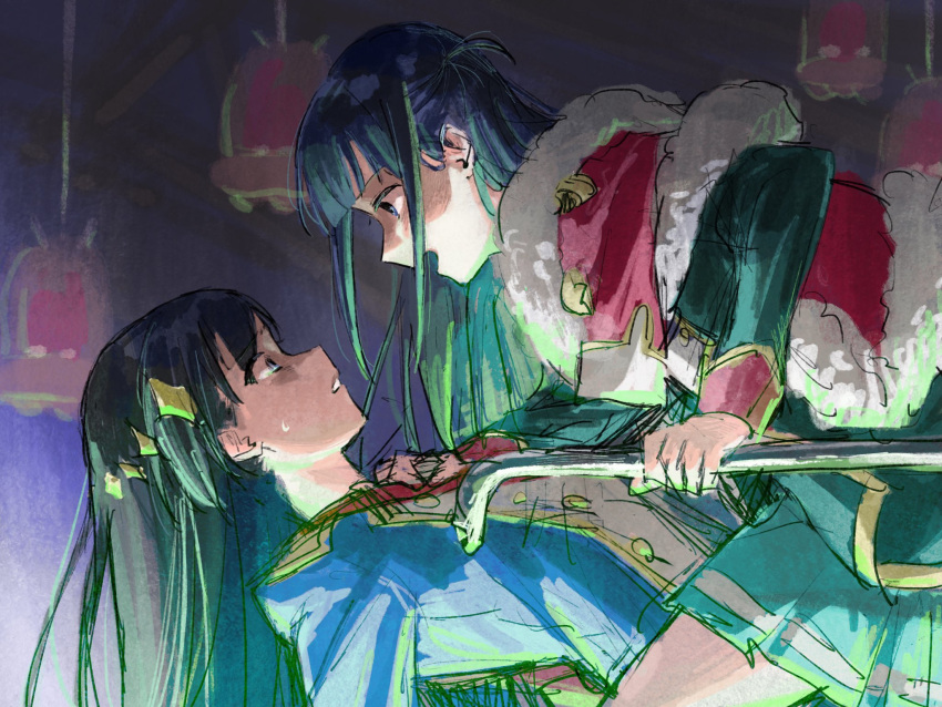 2girls bangs black_hair blue_eyes blue_jacket blunt_bangs buttons clothes_grab commentary_request crowbar epaulettes eye_contact from_side fur-trimmed_jacket fur_trim girl_on_top green_jacket green_skirt hair_ornament hands_up highres holding indoors jacket jacket_on_shoulders kagura_hikari leaning_back leaning_forward long_hair looking_at_another matsumomo_(mamama_tomo) miniskirt multiple_girls one_side_up open_mouth parted_lips pleated_skirt profile red_jacket red_sash sash shaded_face shoujo_kageki_revue_starlight shoulder_sash sidelocks single_stripe sketch skirt sparkle_hair_ornament standing striped striped_skirt sweatdrop tsuyuzaki_mahiru ufo