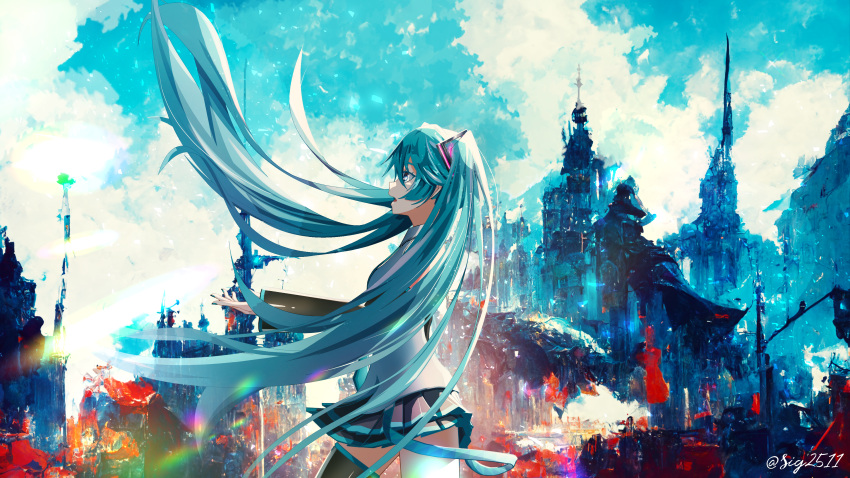 1girl absurdres bangs black_sleeves black_thighhighs blue_eyes blue_hair blue_nails blue_necktie blue_skirt blue_sky clouds cowboy_shot detached_sleeves floating_hair from_side grey_shirt grey_skirt hair_between_eyes hair_ornament hatsune_miku hatsune_miku_(vocaloid3) highres layered_skirt long_hair long_sleeves miniskirt nail_polish necktie open_mouth outdoors pleated_skirt profile shirt sig2511 skirt sky sleeveless sleeveless_shirt solo standing thigh-highs twintails twitter_username two-tone_skirt very_long_hair vocaloid zettai_ryouiki