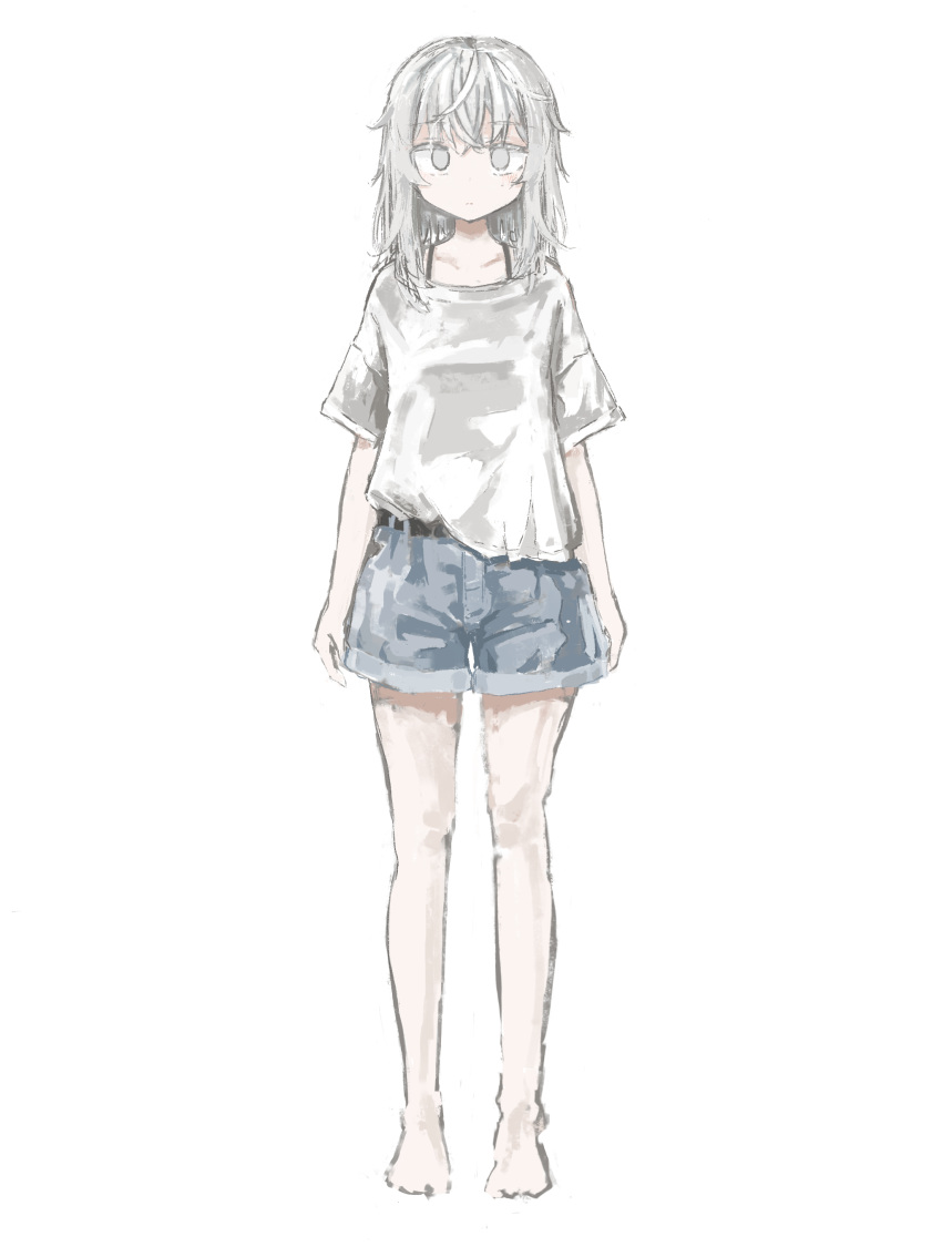 1girl absurdres albino barefoot dolphilia grey_hair highres messy_hair off_shoulder original shirt shorts simple_background standing white_eyes