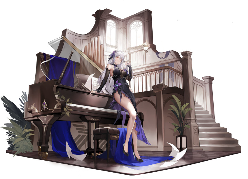 aether_gazer armpits artist_request bare_shoulders black_dress breasts dress earrings flower hades_(aether_gazer) high_heels highres instrument jewelry long_hair orange_eyes piano purple_dress purple_flower purple_skirt skirt white_hair