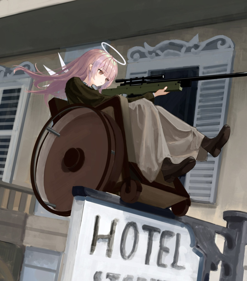 1girl ai_arctic_warfare arknights black_footwear black_shirt bolt_action brown_eyes brown_skirt closed_mouth commentary_request detached_wings floating_hair gun halo highres holding holding_gun holding_weapon kanade_(kanademc) lemuen_(arknights) long_hair outdoors pink_hair rifle shirt shoe_soles shoes sign skirt sniper_rifle sniper_scope solo weapon wheelchair white_wings window wings