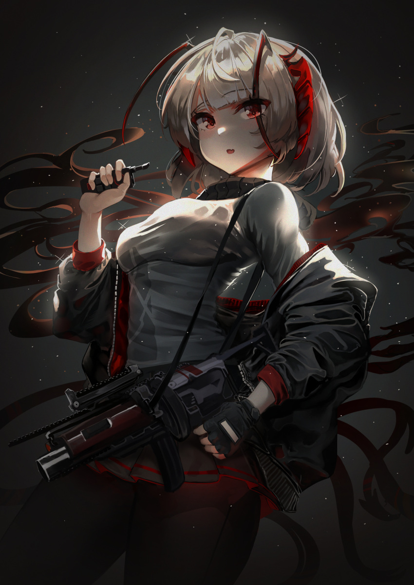 1girl absurdres arknights bangs black_jacket black_pantyhose black_skirt commentary fang grey_background grey_hair grey_shirt gun hand_up highres holding holding_gun holding_weapon jacket long_sleeves looking_at_viewer mecha_(alswp) off_shoulder open_clothes open_jacket open_mouth pantyhose pleated_skirt puffy_long_sleeves puffy_sleeves red_eyes shirt skirt solo turtleneck w_(arknights) weapon