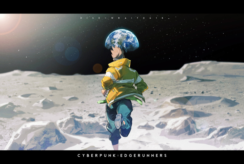 1boy artist_name brown_hair copyright_name crater cyberpunk_(series) cyberpunk_edgerunners david_martinez earth_(planet) from_behind highres jacket leg_up letterboxed long_sleeves male_focus mohawk moon on_moon pants planet solo space star_(sky) sunlight wraith615 yellow_jacket